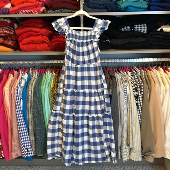 Old Navy blue/white gingham tier 2 pocket elastic back lined midi dress size XS - Picture 3 of 3